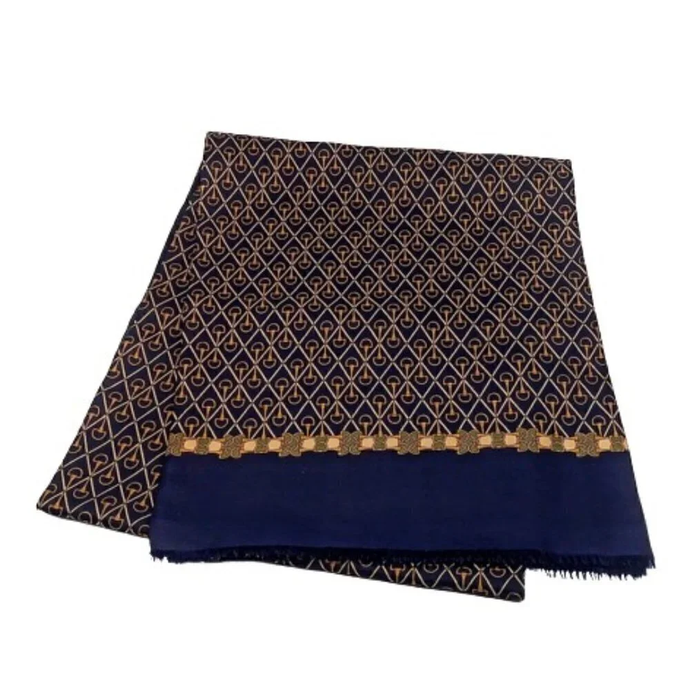 Paolo Gucci Italian Silk Wool Navy Blue Fringed Oblong Scarf
